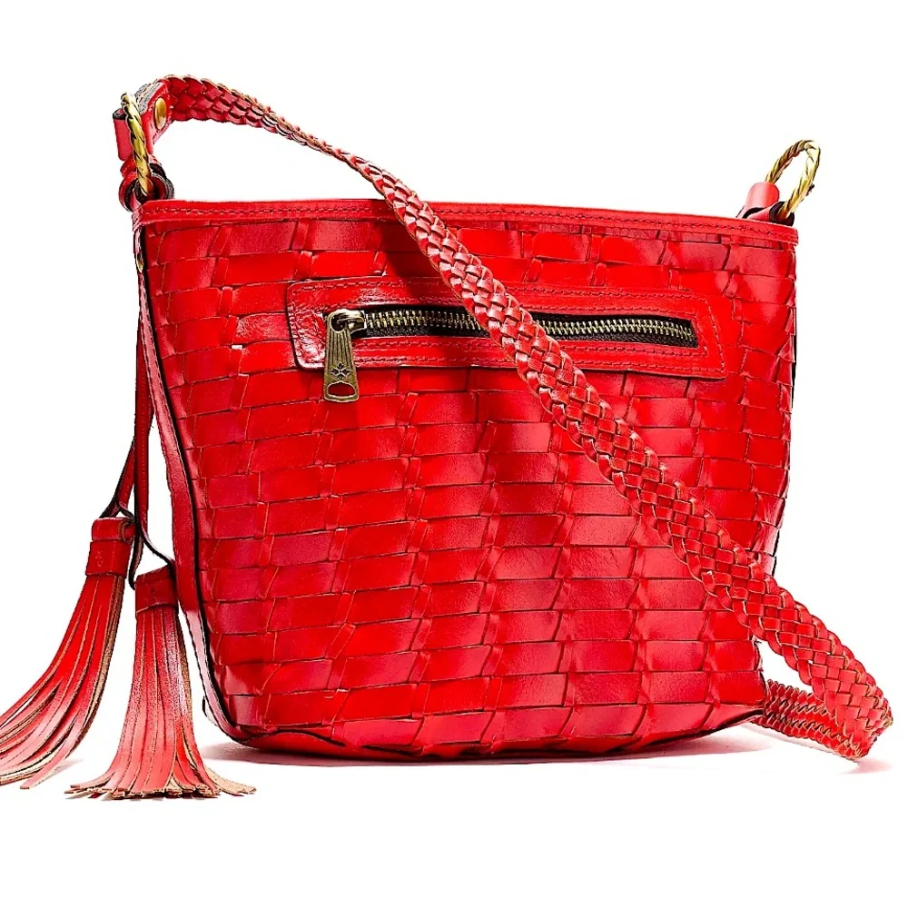 Patricia Nash Woven Leather Valbella Zip Crossbody Bag Bright Coral NWT